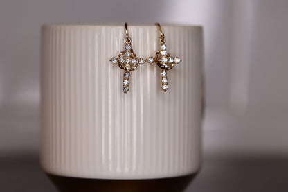 Crowned Rhinestone Cross Earrings
