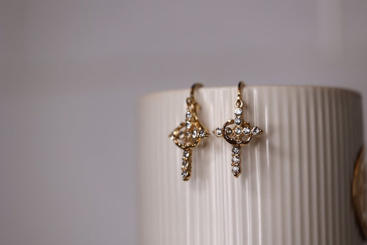 Crowned Rhinestone Cross Earrings