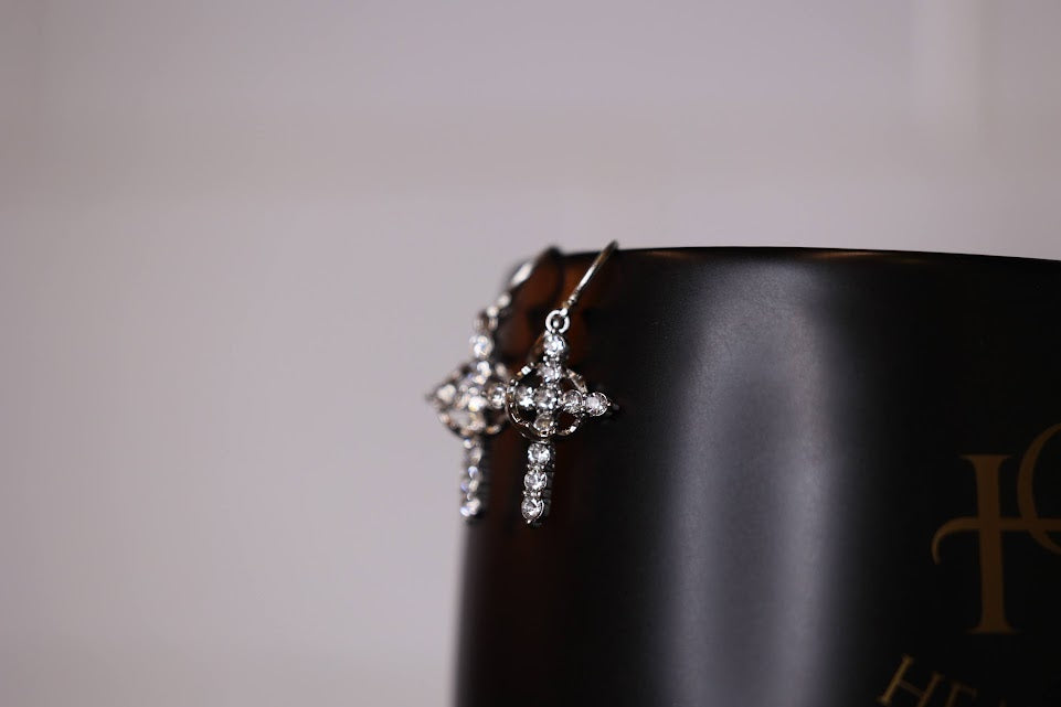 Crowned Rhinestone Cross Earrings