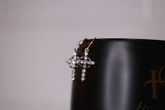 Crowned Rhinestone Cross Earrings