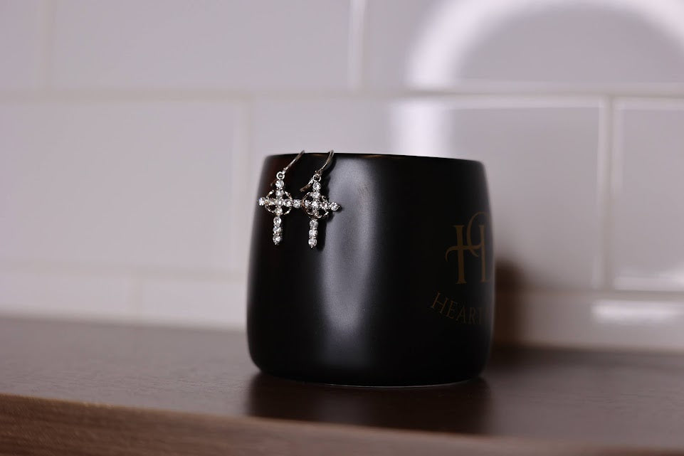Crowned Rhinestone Cross Earrings