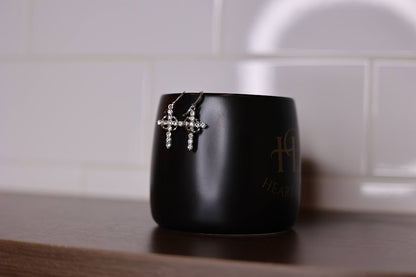 Crowned Rhinestone Cross Earrings