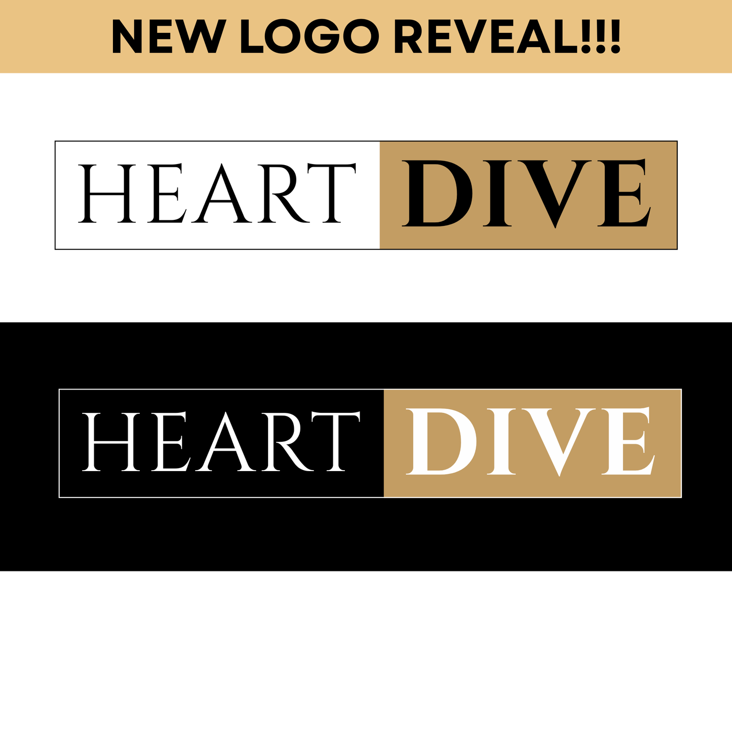 Heart Dive Logo with Serif Font and clean elegant typeface black and white lettering with gold blocking and think outer line