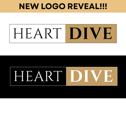 Heart Dive Logo with Serif Font and clean elegant typeface black and white lettering with gold blocking and think outer line