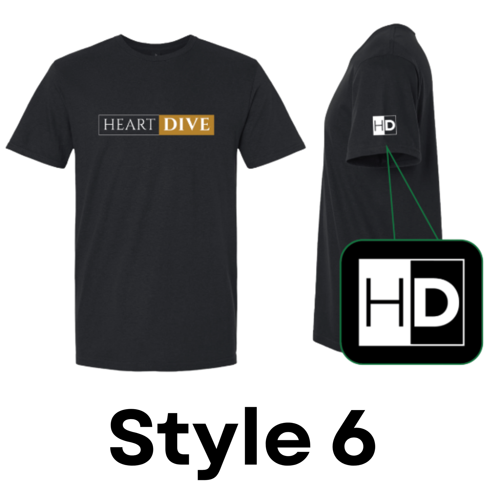 new heart dive logo shirt white text and white box gold black on black shirt