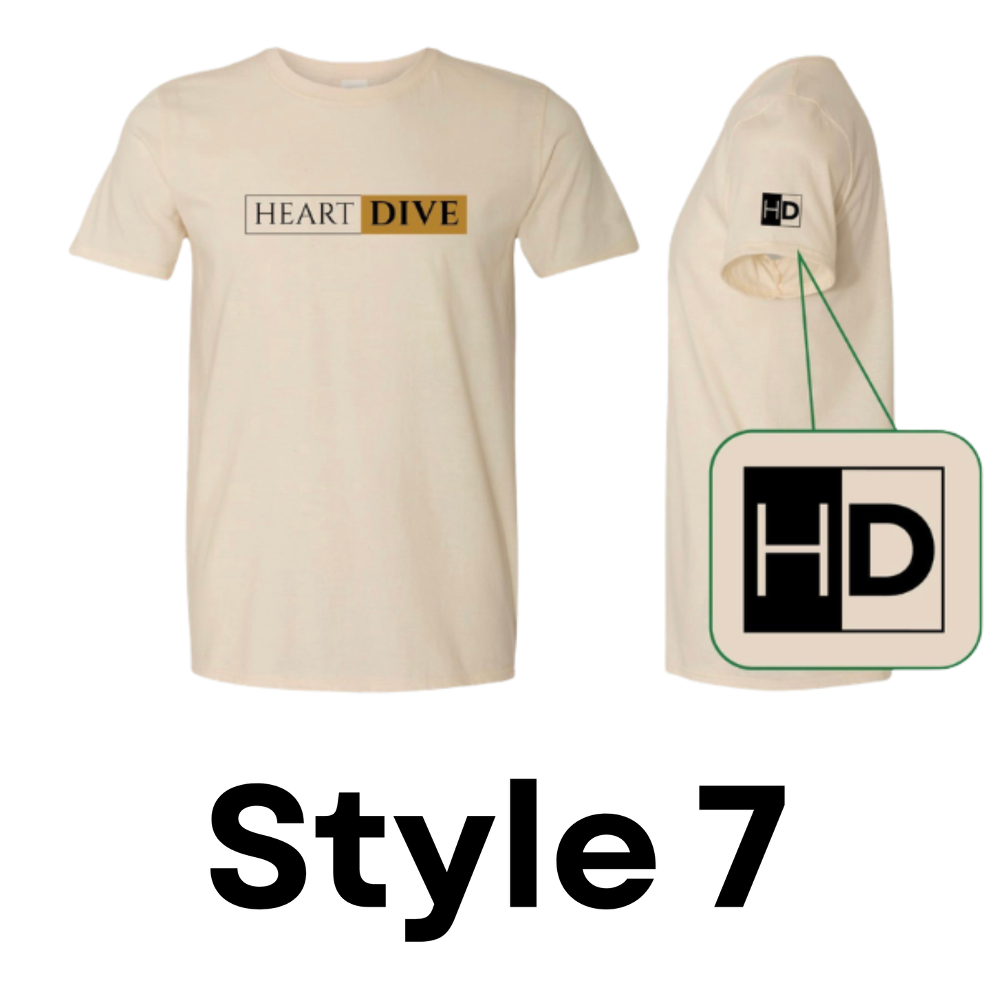 new heart dive logo on cream light shirt; black logo with black text black outer line and gold block