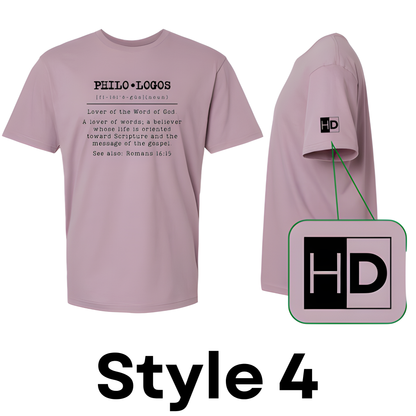 Heart Dive Design philo-logos shirt design black text on paragon or mauve shirt dictionary style design