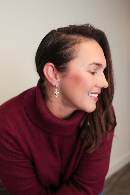 Crowned Rhinestone Cross Earrings