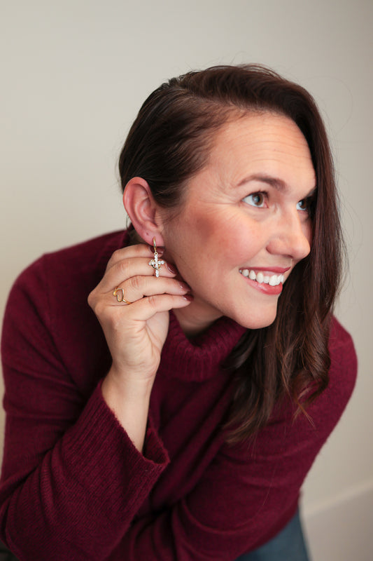 Crowned Rhinestone Cross Earrings