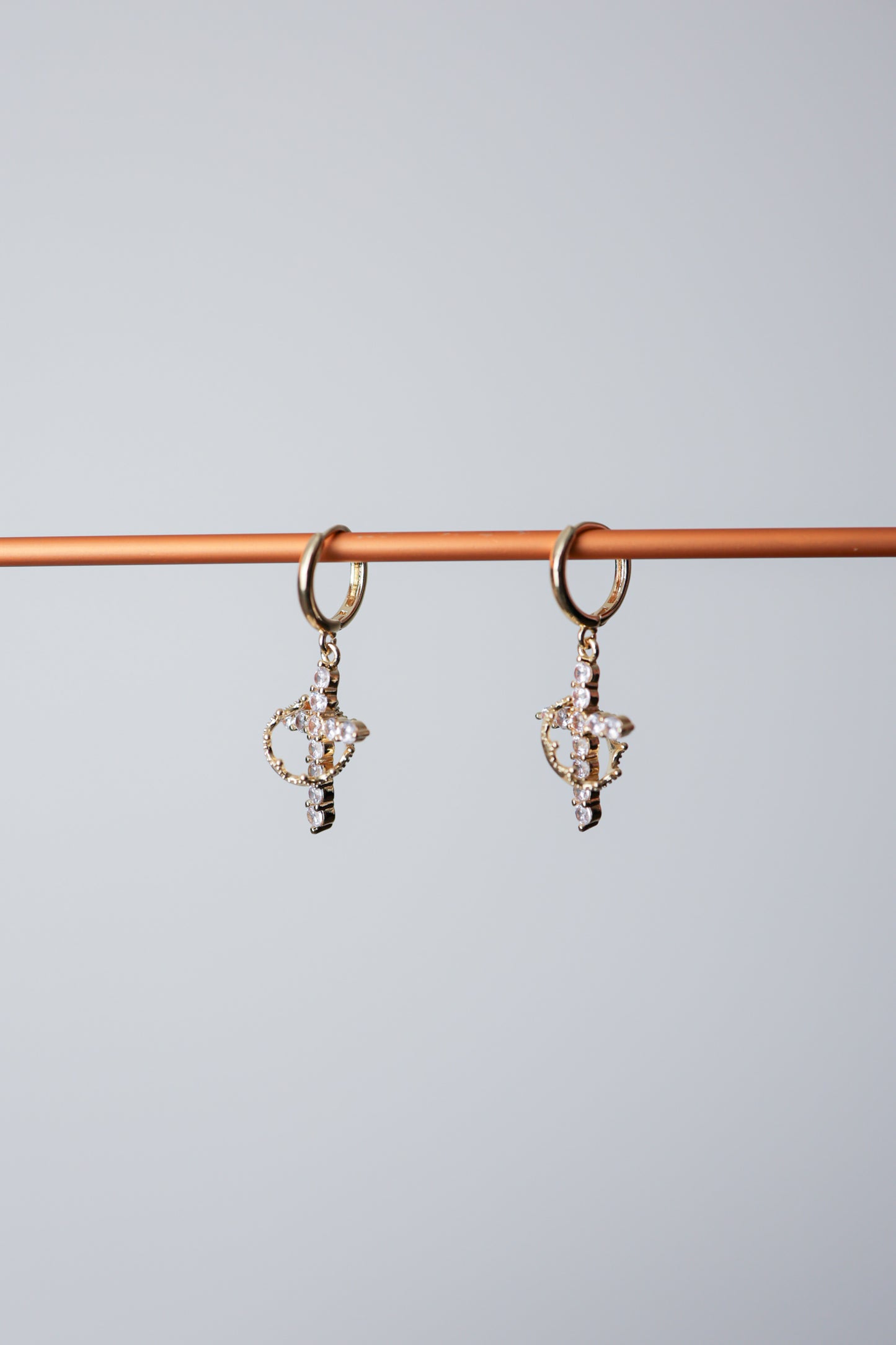 Crowned Rhinestone Cross Earrings