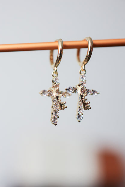 Crowned Rhinestone Cross Earrings