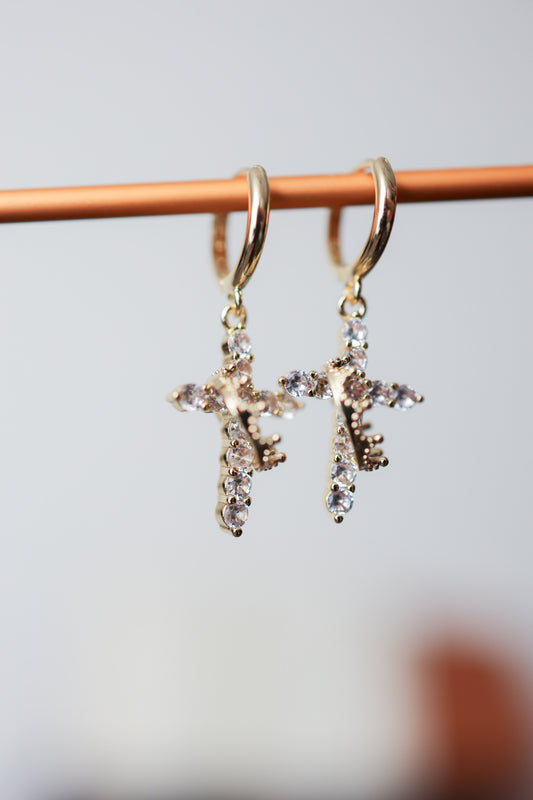 Crowned Rhinestone Cross Earrings