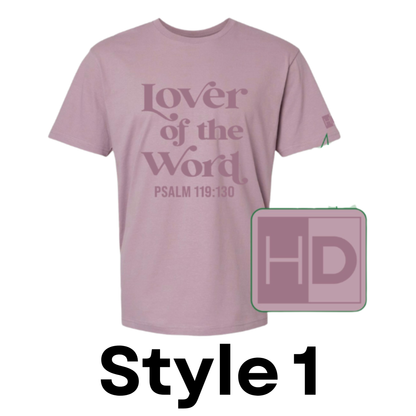 lover of the word _ paragon or mauve shirt design _ tone on tone pink on pink heart dive shirt design